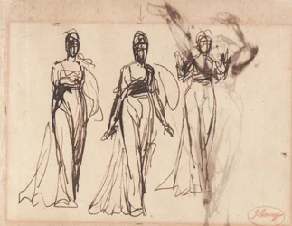 Drie studies van een staande vrouw, mogelijk Circe