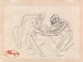 Twee knielende figuren voor een zittende figuur