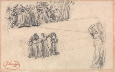 Twee schetsen van vluchtende vrouwen en kinderen en een staande vrouwelijke figuur die tamboerijn speelt zoals voor Lady Anne Leveson in "Dancing Gower Children".
