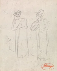 Twee staande figuren met hoge hoeden