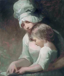 Een moeder en kind lezen (detail)
