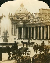 Koetsen bij de fontein op het Sint-Pietersplein, Rome, Italië, ca. 1909
