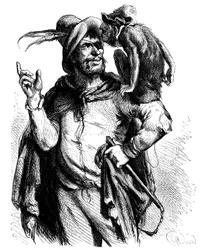 Illustratie door George Roux (1853-1929) voor de Don Quichot van Cervantes: Meester Peter en zijn aap - de aap in de literatuur -