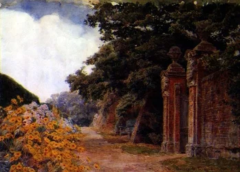 Een tuinrand met een muur en poort