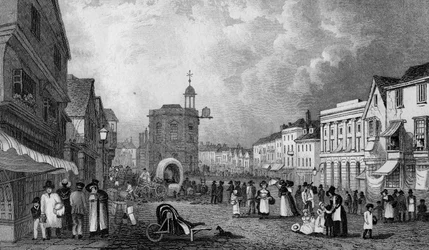 High Street, Maidstone, Een Marktdag, gegraveerd door S. Lacey, gepubliceerd 1832