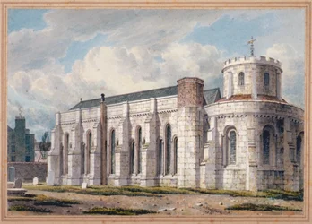 Uitzicht op Temple Church vanaf het kerkhof, City of London, 1811