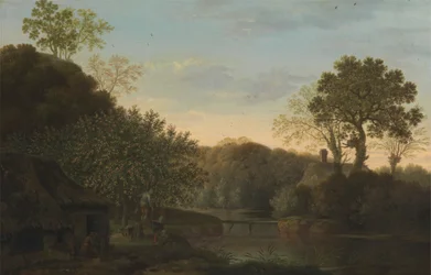 Een herfstlandschap met appelplukkers