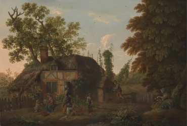 Hopplukkers buiten een huisje