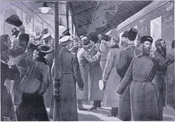 Tsaar neemt afscheid van officieren van de Keizerlijke Garde, illustratie uit Cassells History of the Russo-Japanese War Vol 1, ca. 1900