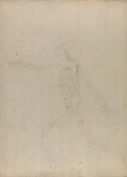 Een vergelijkende anatomische uiteenzetting van de structuur van het menselijk lichaam met dat van een tijger en een hoender: Menselijk skelet, zijaanzicht (Studie voor een sleutelfiguur bij een ongepubliceerde tabel met de buikvaten)