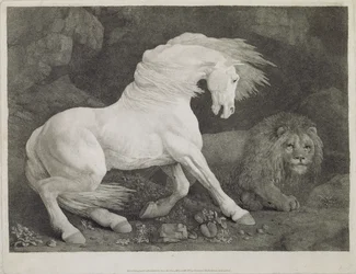 Een paard geschrokken door een leeuw, gegraveerd door de kunstenaar, gepubliceerd 1788