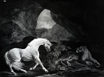 Een paard opgeschrikt door een leeuwin, gegraveerd door Benjamin Green, 1774