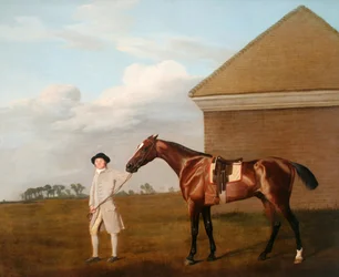 Vuurstaart met zijn Trainer bij het Rubbing-Down House op Newmarket Heath. In 1774 het eigendom van Thomas Foley, Esquire[2]