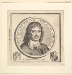 Buste van Hollar in een cirkelvormige lijst gepubliceerd in Vertues, Beschrijving van de werken van de..., 1745
