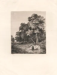 Landschap, man draagt stok over schouder