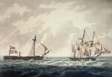 Zijne Majesteits Sloep, Bonne Citoyenne, sleept de Franse fregat, La Furieuse, na de actie van 6 juli 1809, gegraveerd door R und D Havell, uitgegeven door Robert Cribb in 1810