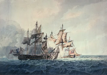 De actie tussen Zijne Majesteits Sloep, Bonne Citoyenne, en de Franse fregat, La Furieuse, op 6 juli 1809, van de Westelijke Eilanden, gegraveerd door R und D Havell, gepubliceerd door Robert Cribb in 1810