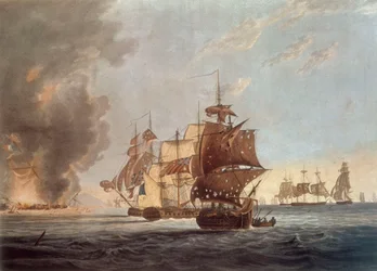 Aan de officieren, zeelieden en mariniers van Zijne Majesteits schepen Amphion, Cerberus, Volage & Active, Deze plaat vertegenwoordigt... het opblazen van de Franse commandant, voor het eiland Lissa, in de Adriatische Zee, op 13 maart 1811
