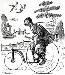 Een cartoon van een Chinese man die op een driewieler door een park in China rijdt