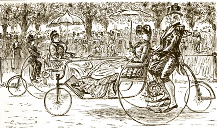 Een gravure die passagiers toont in fietskarren