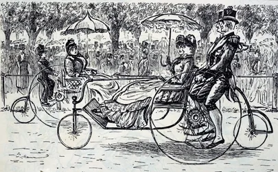 Een gravure die passagiers toont in fietskarren