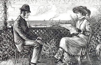Karikatuur met een man en vrouw - de man is verantwoordelijk voor de schulden van zijn vrouw, tenzij hij een herroeping van zijn verantwoordelijkheden heeft gepubliceerd