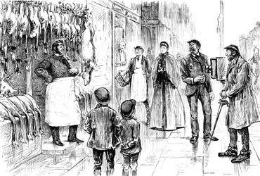 Gravure die een slager en poelier afbeeldt die voor zijn kerstetalage wordt gefotografeerd door George du Maurier. George du Maurier (1834-1896) een Frans-Britse cartoonist en auteur. Gedateerd 19e eeuw
