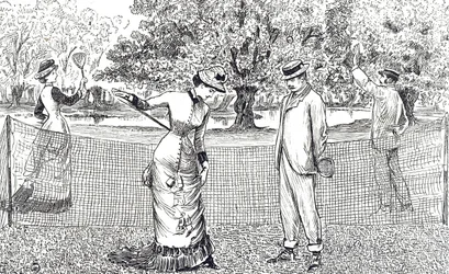 Gravure die een vrouwelijke tennisser afbeeldt die ongemak ervaart door haar nieuwe rubberen schoenen