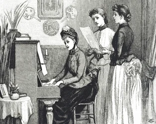 Gravure van jonge dames die zingen in de salon