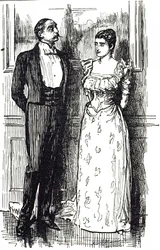 Cartoon van Georges du Maurier die een man en vrouw in gesprek toont op een society-evenement, Engeland 1891