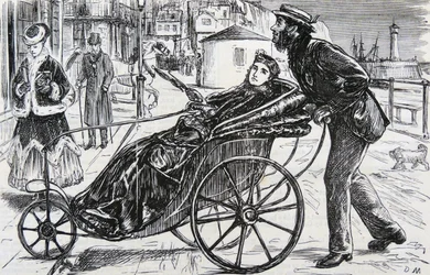Patrick, die de badstoel van de dame duwt