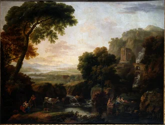 Italiaans landschap met een capriccio uitzicht op Tivoli, een herder en herderin en vee