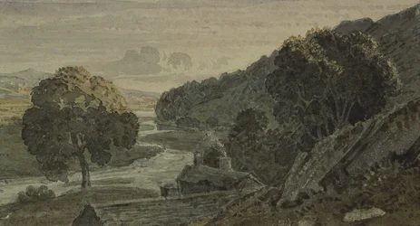 Avond, landschap, met huisje en rivier