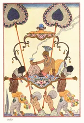 Een adellijke vrouw verbrandt wierook in een draagstoel, oud India, 1928