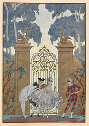 Colombine. Mensen die buiten een poort staan. Een Pierrot.