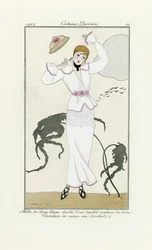 Ontwerp voor witte jurk met roze afwerking en gehaakte riem, uit Costumes Parisien, uitgegeven 1912