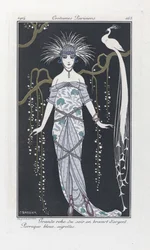 Grote avondjurk van zilveren brokaat. Blauwe pruik, aigrettes, uit Costumes Parisiens, uitgegeven 1914