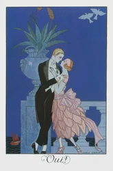 Oui, Twee jonge verloofden in avondkleding, lithografie uit Falbalas et Fanfreluches, Almanach des Modes Presentes, Passees et Futures