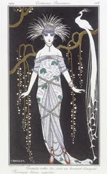 Zilveren brokaat avondjurk en pruik - Illustratie door George Barbier (1882-1932). in 