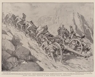 Paardartillerie die een diepe nullah bij Bloemfontein oversteekt