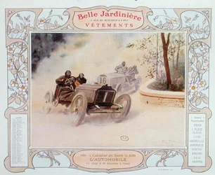 Autoracen, illustratie voor juni uit een kalender voor de kledingwinkel 