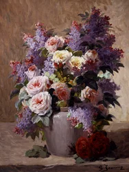 Stilleven met rozen en seringen. Schilderij van Georges Jeannin (1841-1925) Privécollectie.