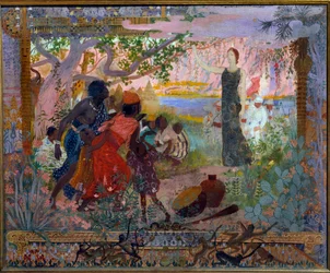 De verovering van Afrika. Allegorie over kolonialisme die een jonge blanke vrouw voorstelt die plechtig naar bange Afrikaanse families loopt. Schilderij door Georges Antoine Rochegrosse (1859-1938) 1900 Parijs, Musée du Luxembourg