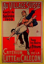 Poster die worstelwedstrijden in het Zwitserse dorp adverteert, 1900