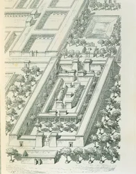 Ets die een perspectivisch uitzicht van een gebouw in Tell el-Amarna afbeeldt door Georges Perrot (1832-1914) en Charles Chipiez (1835-1901)