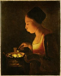 Meisje blazend op een vuurkorf (schilderij op doek)