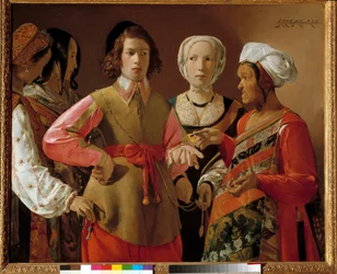 De waarzegster Schilderij door Georges de La Tour (1593-1652) circa 1630, Zon. 1,01x1,23 m New York. Metropolitan Museum