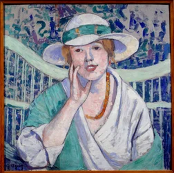 Portret van dame met witte en groene hoed