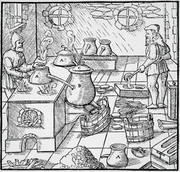 Gravure uit De re metallica, door Georgius Agricola, gepubliceerd in Basel