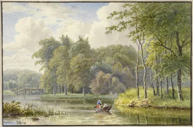 Landschap met figuren in een roeibootje